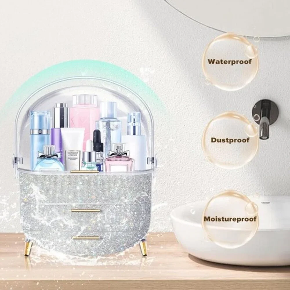 Egg Shape Makeup Storage Box, Portable Preppy Vanity Organizer with Rhinestones